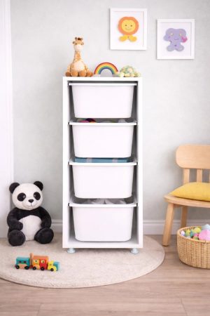 4 Derin Sepetli Çok Amaçlı Oyuncak Dolabı Mutfak Kiler Dolabı Beyaz