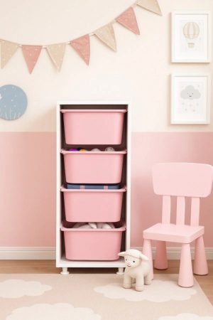 4 Derin Sepetli Çok Amaçlı Oyuncak Dolabı Mutfak Kiler Dolabı Pembe